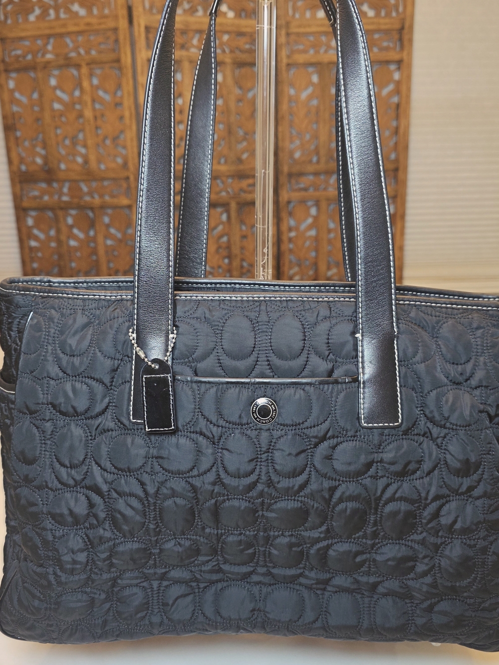 Vintage 2004 Coach Signature Quilted Nylon Tote Bag Black Leather Style 5163 Y2K